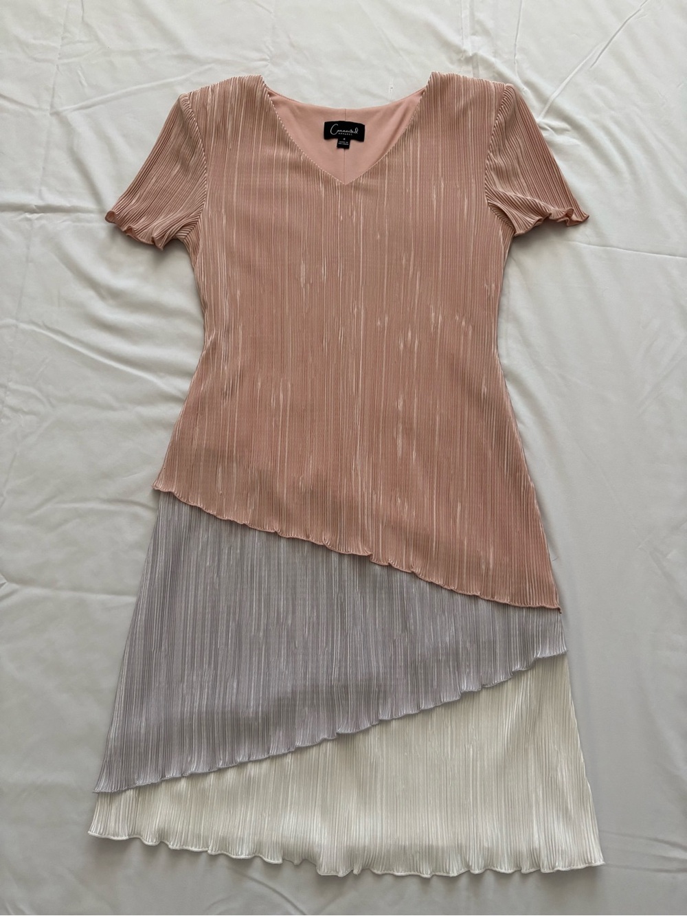connected apparel Asymmetrical Pleated Tiered Dress in Blush, Pearl & Cream